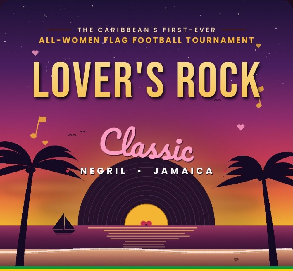 Lover's Rock Classic poster: the Caribbean's first-ever all-women flag football tournament. Gold 'Lover's Rock' lettering and pink 'Classic' script over a purple sunset, with a vinyl record setting like the sun behind palm trees on a Negril beach.