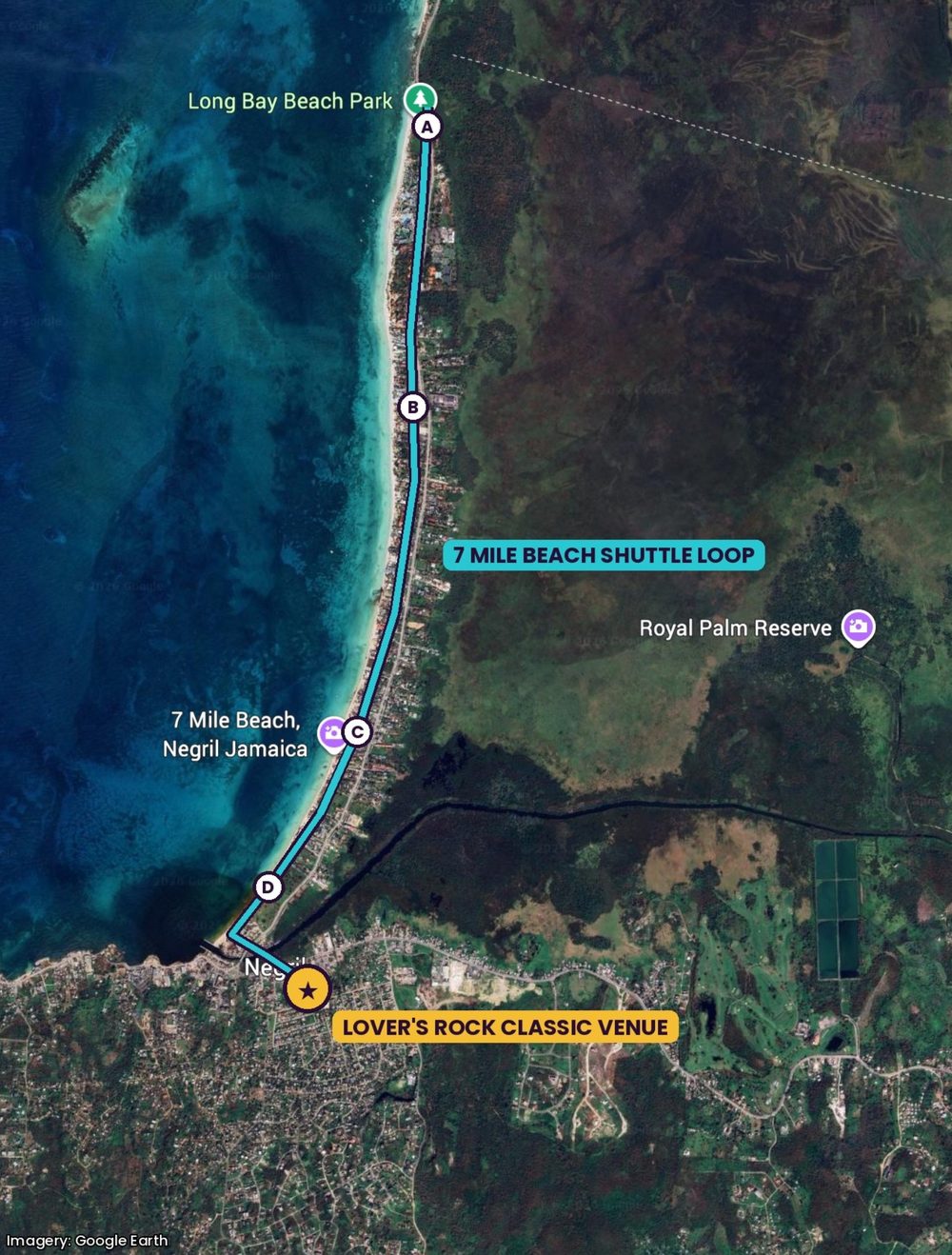Satellite map of the Seven Mile Beach shuttle loop in Negril: a blue route runs south along the beach from Long Bay Beach Park (stop A) through stops B, C and D to the Lover's Rock Classic venue, marked with a gold star in Negril town.