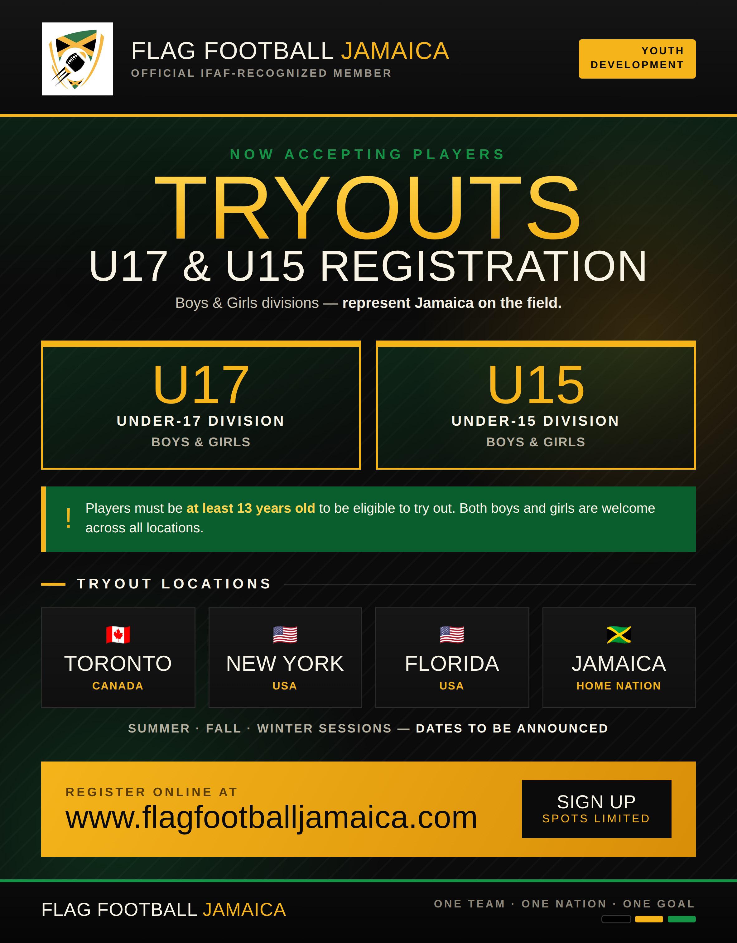 Tryouts — U17 and U15 registration, boys and girls. Tryout locations in Toronto, New York, Florida and Jamaica. Register online at Flag Football Jamaica. Spots limited.
